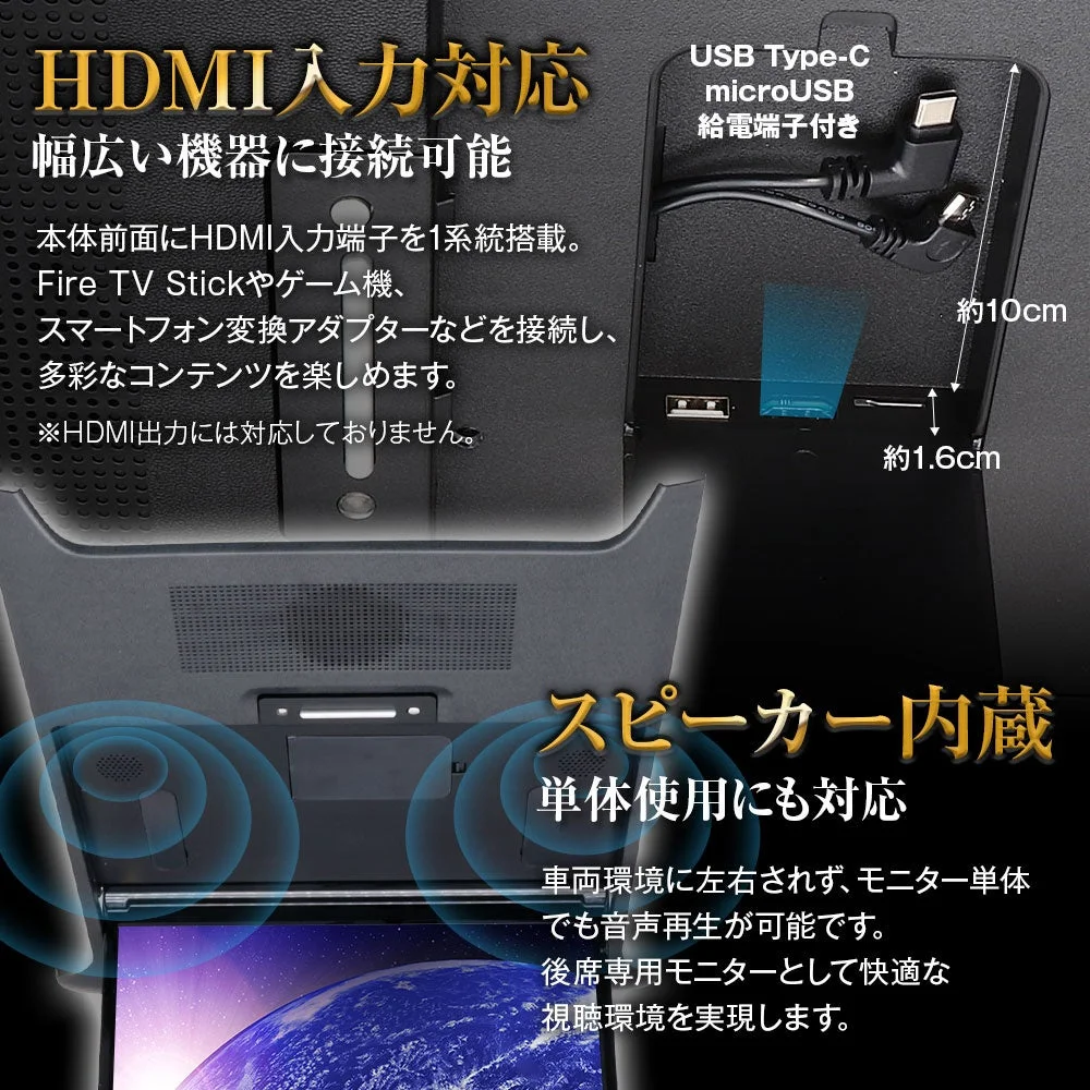 HDMI入力、USB Type-C/microUSB給電に対応したモニター。Fire TV Stickやゲーム機などを接続でき、スピーカー内蔵で単体でも音声再生が可能。