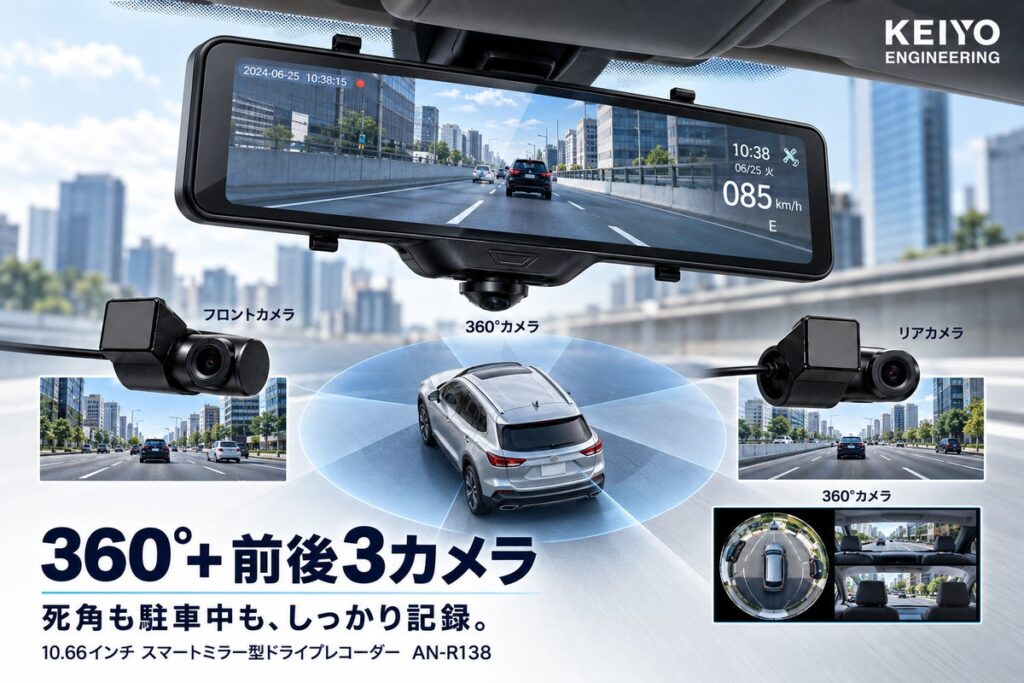 【KEIYO新商品】360°カメラ搭載スマートミラーに駐車監視システムを追加し,前後フルハイビジョンカメラを付けた10.66インチ全方位3カメラ式スマートミラー型ドライブレコーダーを販売開始!!